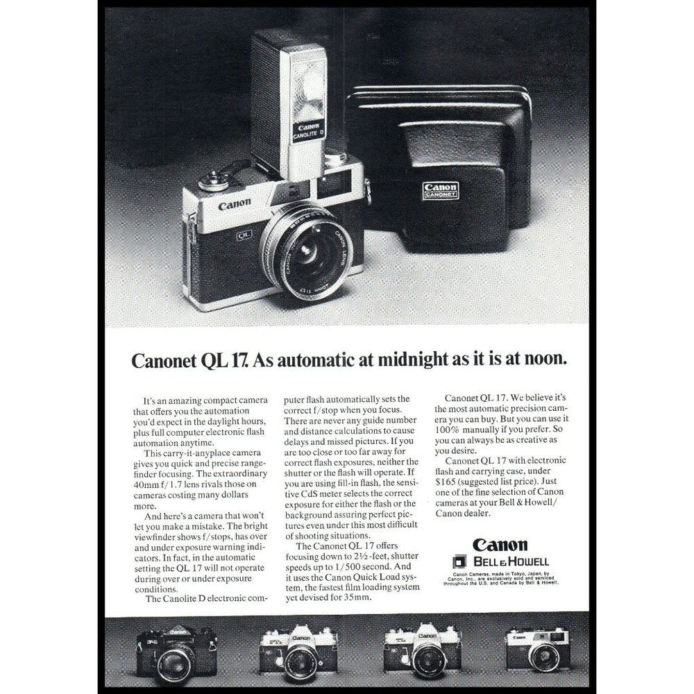 1971 Canon Canonet QL 17 Automatic Film Camera Vintage Print Ad Photography Art